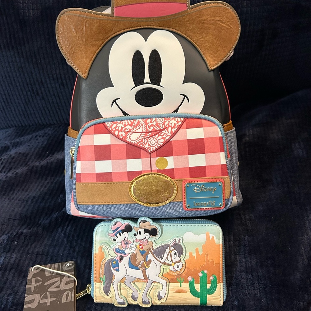 NWT Cowboy Mickey Loungefly Backpack with matching Mickey and Minnie Wallet